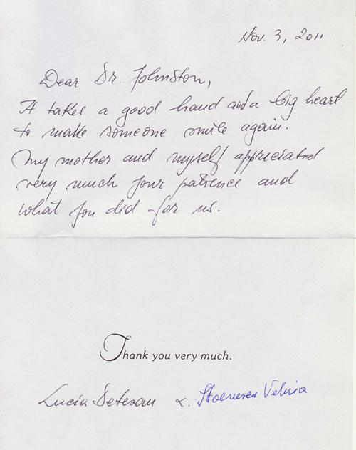 Original handwritten thank-you letter; its message is transcribed below.